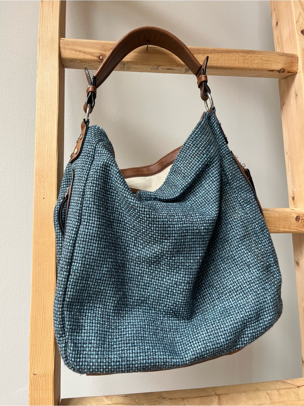 Textured Teal Hobo Bag with Brown Leather Handle